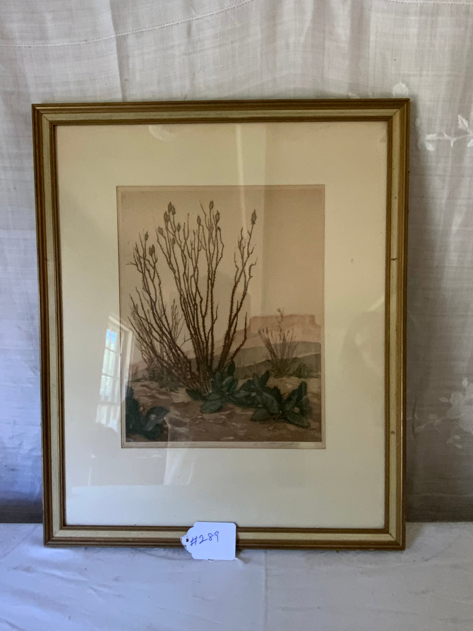 Lionel Pacheret Print: Lionel Pacheret print of cactus in desert w/ flat-top mountain, dated 1937, hand signed. Good condition.