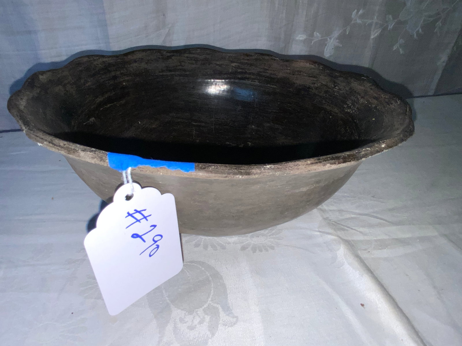 Maria-Style Indian Bowl: Indian bowl, Maria style, black on black w/ scalloped edge, 10 1/4" x 4 1/4" tall. Good condition.