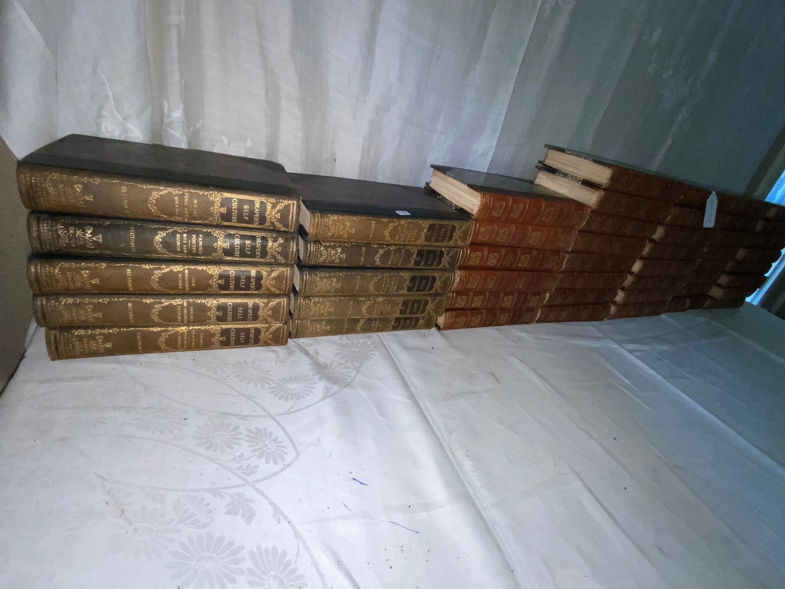 Leather Books: Leather books, 2 sets: Balzac (38 books, limited edition #412); a 2nd set, Draper's Self Culture, covering music/drama/fairytales/poetry/myths/travel, set of 10. Books a little brittle. Fair condition