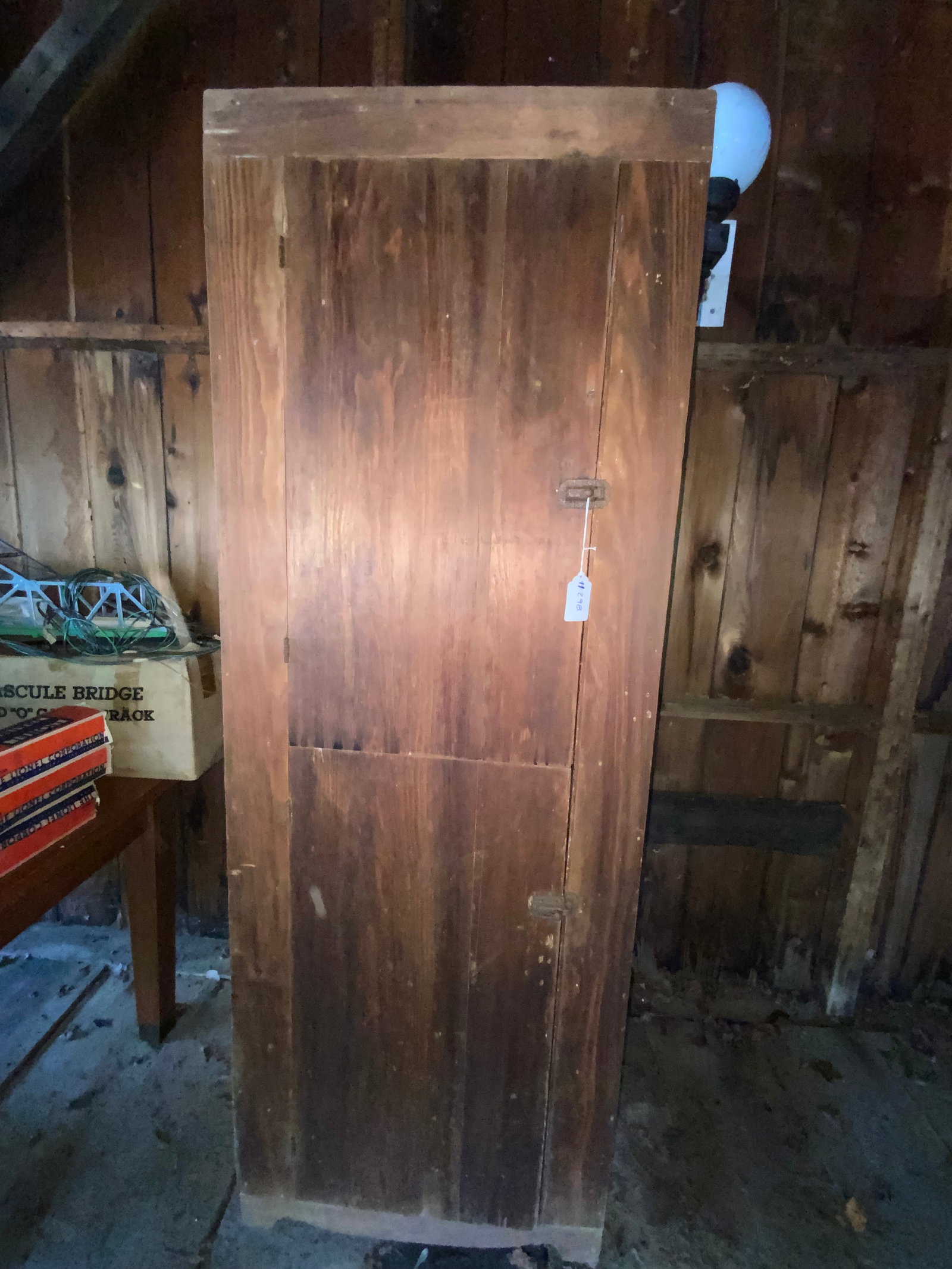 Pine Wash Cupboard: Pine wash cupboard, 2 doors, low cutout base w/ pull-out towel rods on each side, said to be made by Mennonites in Wisconsin, 30" wide, 18" deep, 41" tall. Good condition.