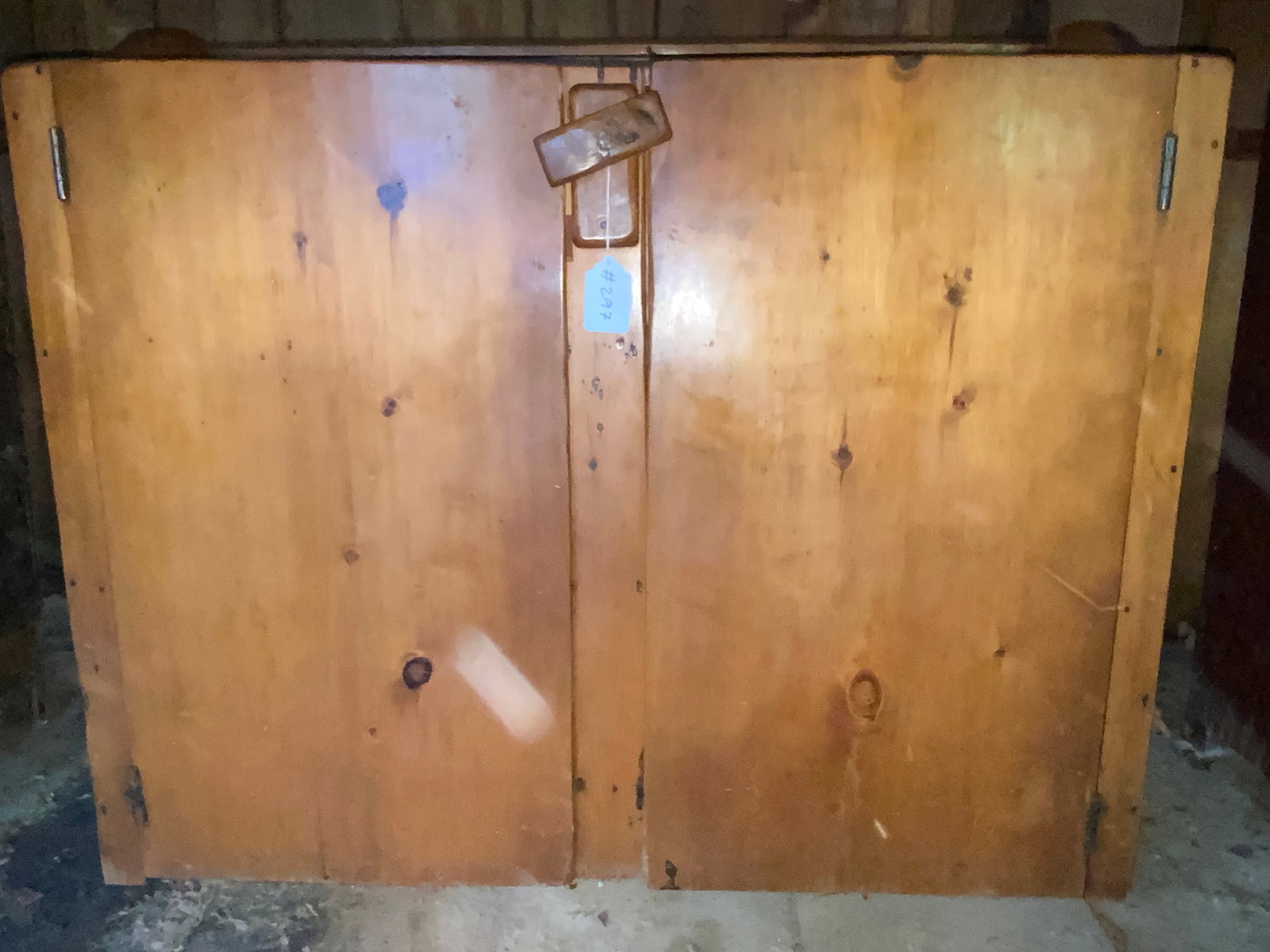 Pine Cupboard: Pine cupboard, shaped gallery, 2 plank hinged doors, shelved interior, 44 1/2" wide, 16 1/2" deep, 38" tall. Good condition.
