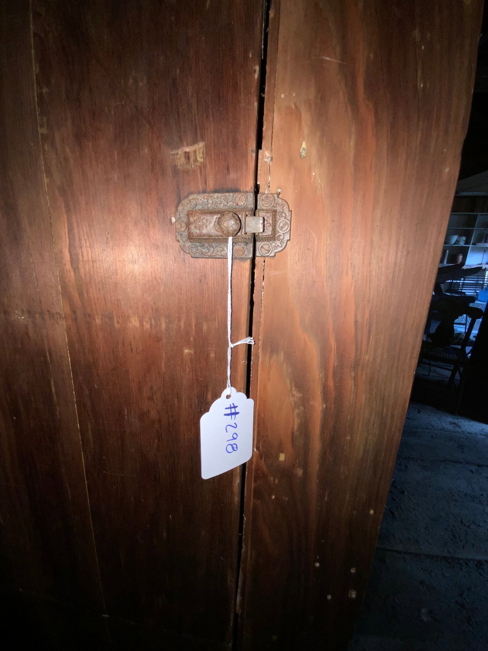 Pine Tall Cupboard: Pine tall cupboard, 2 plank hinged doors, cast iron latches on cutout base, 27" wide, 13" deep, 75" tall. Good condition.