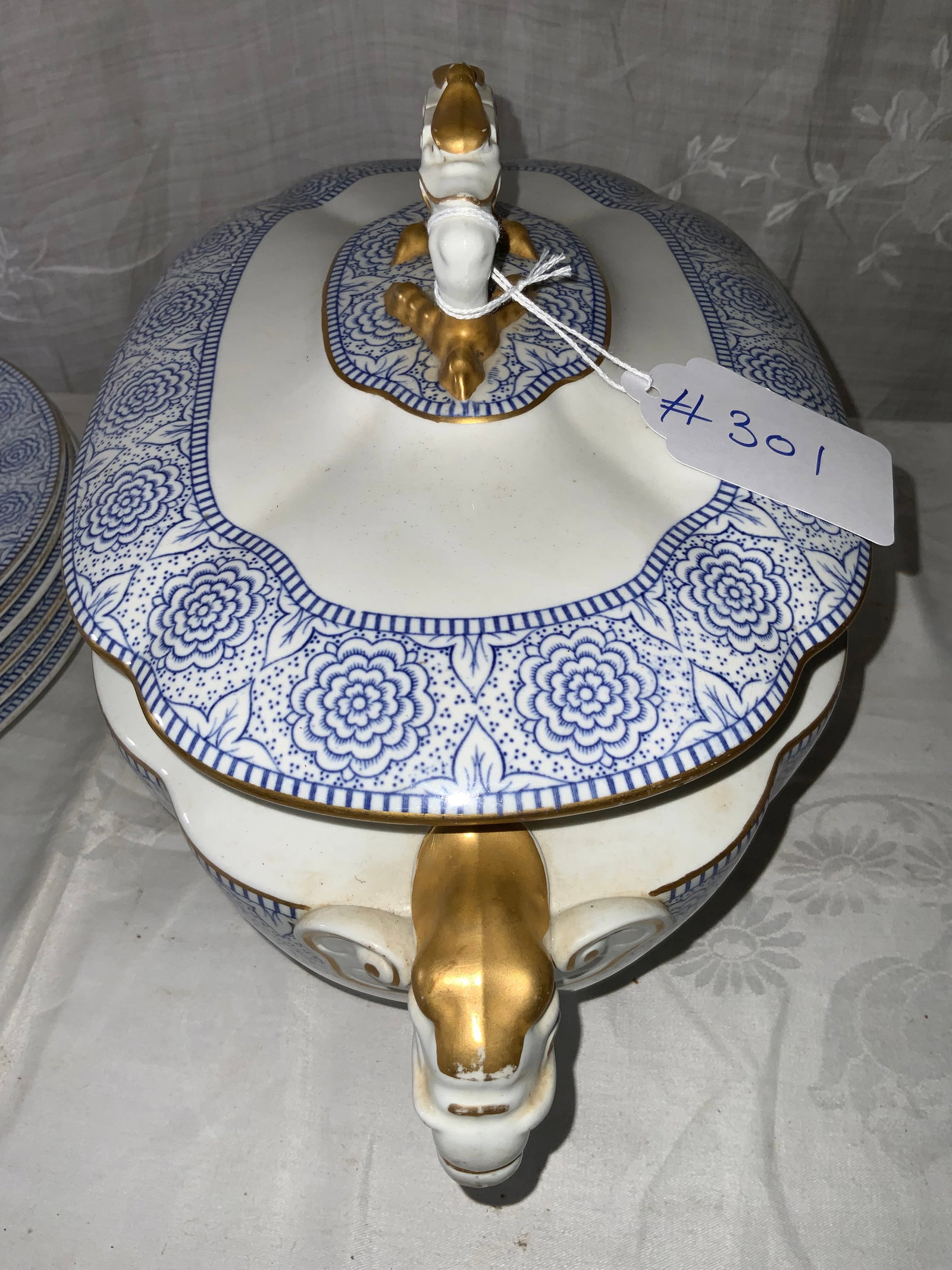 Royal Worcester Soup Tureen: Royal Worcester large soup tureen, 15 1/2" long, 9" wide, 9" tall, elephant handles, bird finial on top, sits on 4 feet, set of 6 10" round bowls, made for Gilman & Collamore & Co., Union Square NY. G