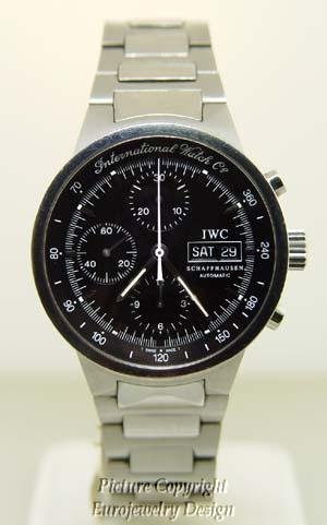 041: IWC Schaffhausen Chronograph Watch 3707 : Brand: IWC Model: Schaffhausen Chronograph Day/Date, 3707 (Actual watch pictured) Dimensions: 42mm in diameter (crown not included) Case: Polished Stainless Steel Dial: Black (As seen in the accompani