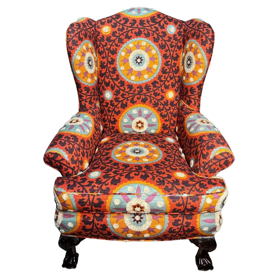 Peacock Armchair Upholstered with Tribal Thread Sunset Fabric (1 of 6)