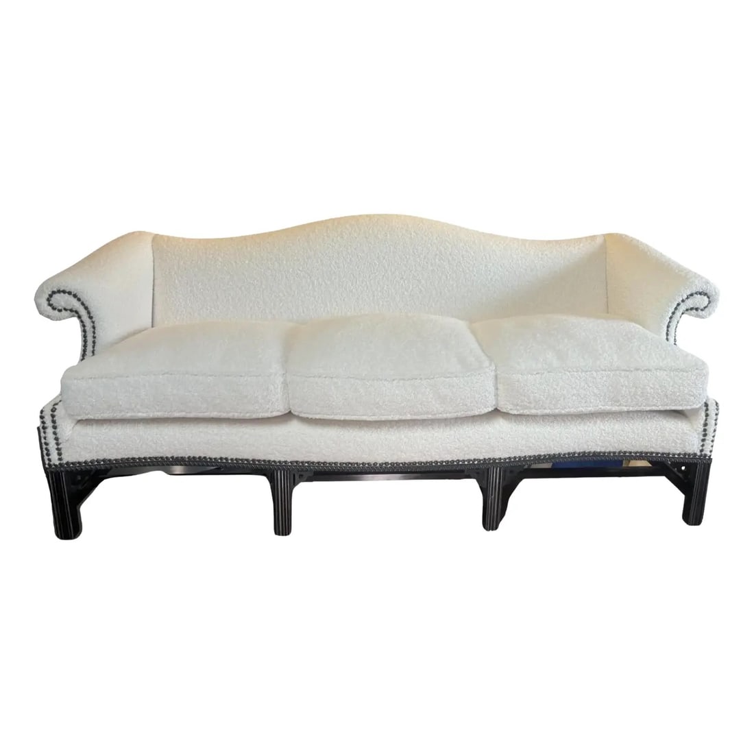 Classical Federal Carved Camel Back Boucle Sofa (1 of 5)