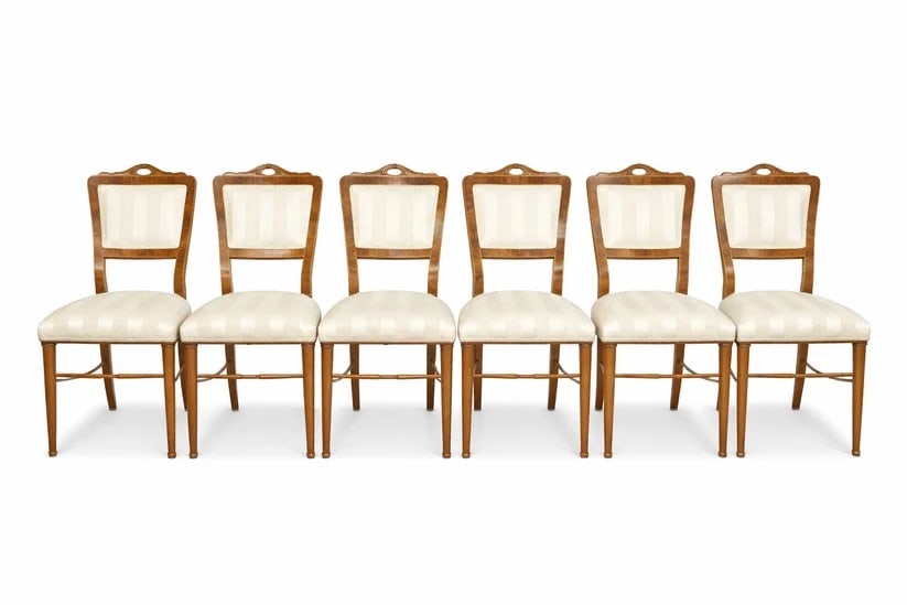 Continental 19th Century Biedermeier-Viennese Walnut Chairs: A most elegant and complete set of six continental 19th century Biedermeier - Viennese burl walnut.Each chair is raised by fine circular tapered front legs with slightly curved square tapered legs.