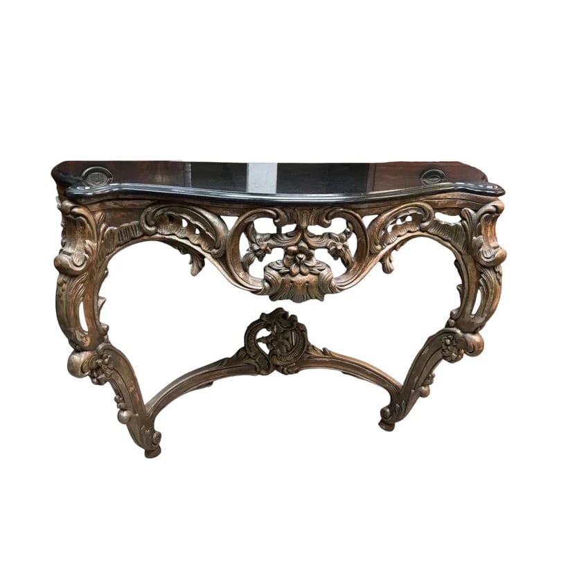 Hand-Carved Rococo Bronze Console Table w/ Black Stone Top (1 of 6)