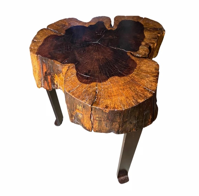 Vintage 1970s Side Table: Vintage 1970s side salon table with santos rosewood. This table has cast iron legs with a bronze patina. All tables are shaped slightly differently.