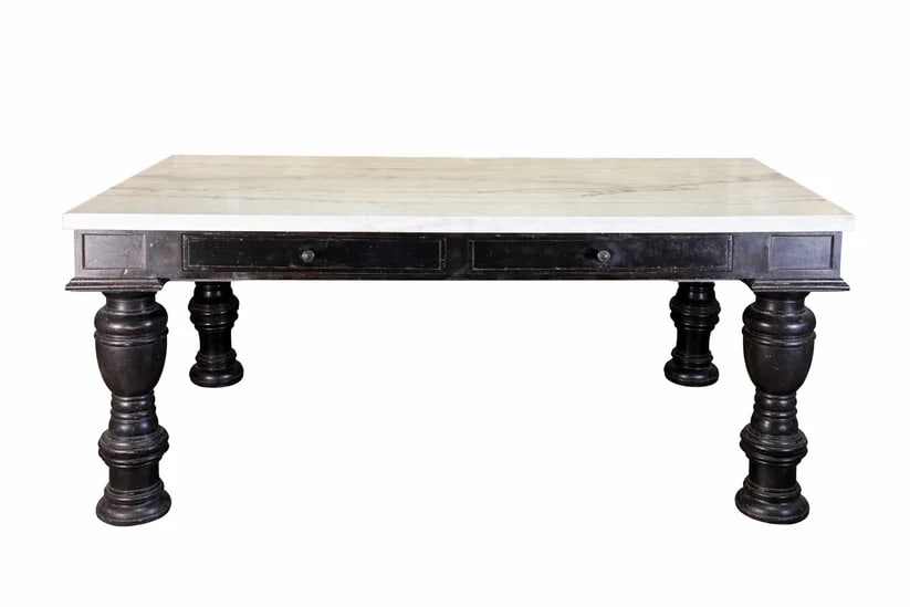 Vintage Industrial Marble Top Library Table: Industrial, midcentury, library table features a marble top with contrasting, black lacquered legs and apron. The table includes four small drawers, two on each side. This versatile table works for
