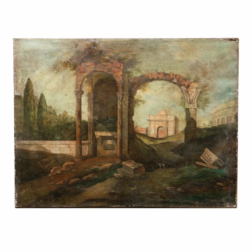 1940s Italian "Cane Da Caccia Tra Le Rovine" Painting: Vintage Italian, heavy palette oil on canvas. Translates to "Dog Hunting in the Ruins". Signed by LC Capitano. Fabulous murky and mineral teals and earthy browns, clear paleness of marble and