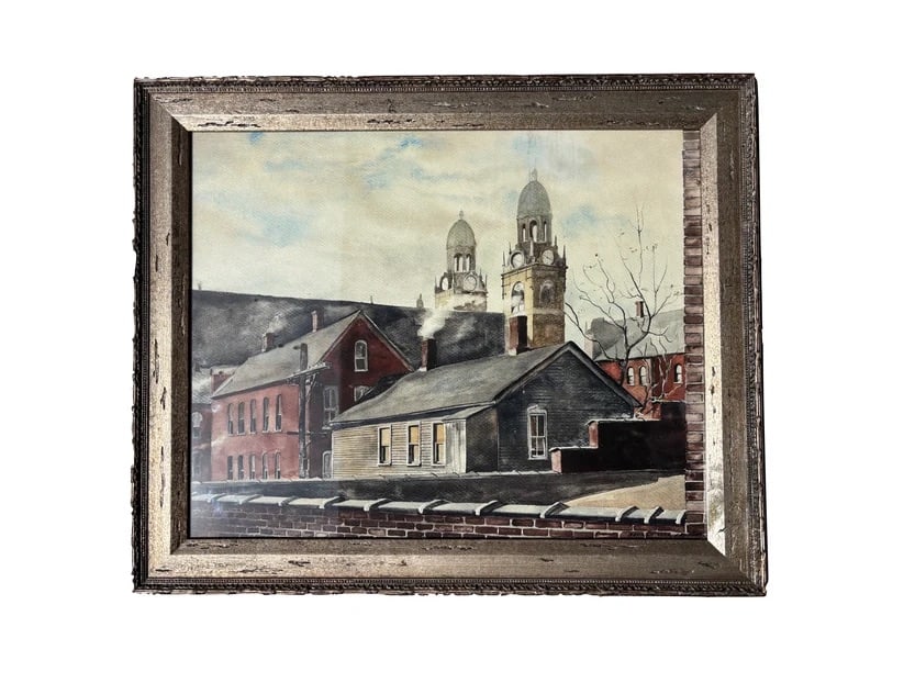 Saint Stanislaus Kostka Catholic Church' Framed Painting by George Warner: This item is a collectible framed painting by artist George Warner, titled Saint Stanislaus Kostka Catholic Church. It is a watercolor depiction of the church's architectural details, featuring red br