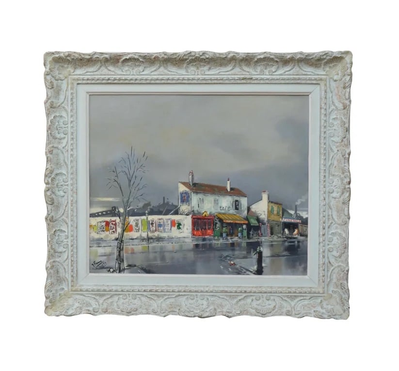 1950 Framed French Industrial Painting Signed Gabriel Marc Louis Ferro: Gabriel Marc Louis Ferro was born in Paris, France in 1903. He was captured by the grey and dismal French industrial marinas and working neighborhoods, always painted in shades of grey rain and yet us