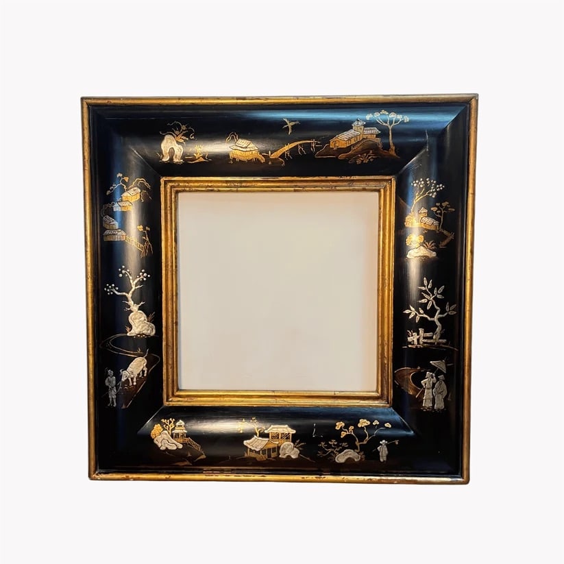 Black Chinoiserie Square Frame: Our large, square black Chinoiserie frame was handcrafted by Kipper in our shop. Design/style is originated from China.Absolutely stunning hand painted figures of a traditional serene garden motif