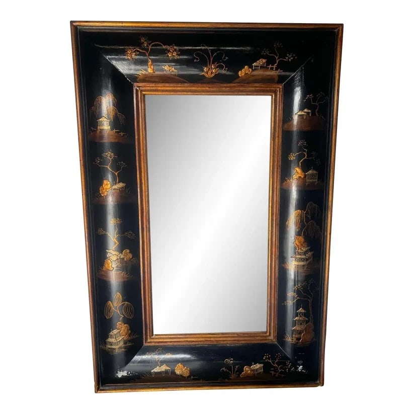 Chinoiserie Black Lacquer Frame w/Tree Details: Black and gold lacquer.Beautiful chinoiserie art along the frame