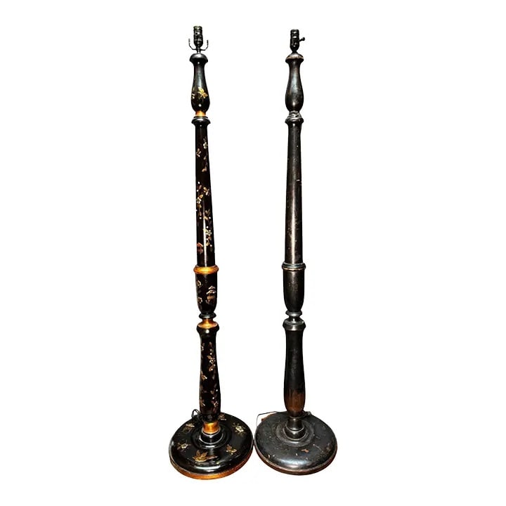 Chinoiserie Style Floor Lamps (Set of Two): Chinoiserie - reflects Chinese influence, European style. - Lamp on left features a black lacquer finish with gold and multi-colored decorations that include flowers and figures.- Lamp on right is the