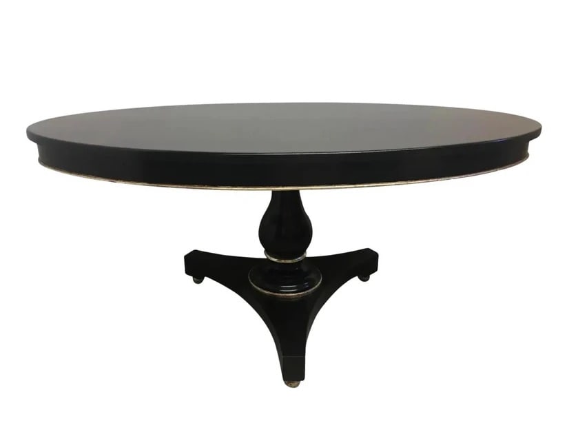 Transitional Black Elliptical Table With Silver Leaf Trim: This Transitional Black Elliptical Table with Silver Leaf Trim was handcrafted in house by Kipper himself. Has red rub through peaking out from under the silver to give it a nice contrast against the