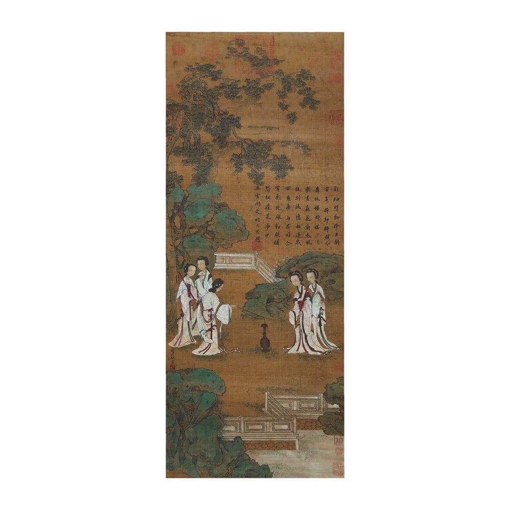 ZHOU WENJU (ACTIVE 10TH CENTURY), INK AND COLOR ON SILK: Image Dimensions: 36 5/8 x 14 5/8 in (93 x 37 cm) Executed in ink and color on silk, Beauty Lighting a Lamp presents an elegant figural subject drawn from the traditions of classical Chinese court and