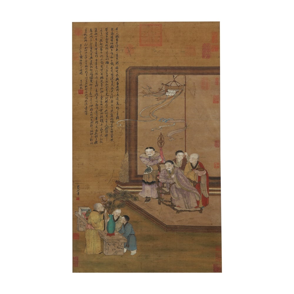 ZHOU WENJU (ACTIVE 10TH CENTURY), INK AND COLOR ON SILK: Image Dimensions: 34 5/8 x 20 7/8 in (88 x 53 cm) Executed in ink and color on silk, this composition brings together the contemplative theme of Chan meditation with the enduring symbolism of the pine