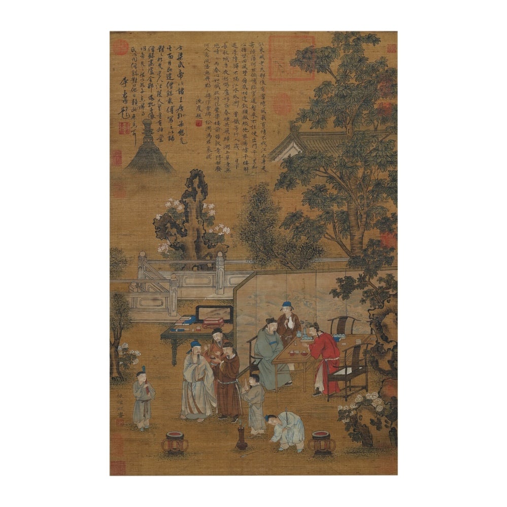 ZHANG SENGYAO (ACTIVE 6TH CENTURY), INK AND COLOR ON SILK: Image Dimensions: 30 3/4 x 19 5/8 in (78 x 50 cm) Executed in ink and color on silk, Gathering of Reclusive Scholars presents a classical figural scene centered upon the cultivated tradition of schola