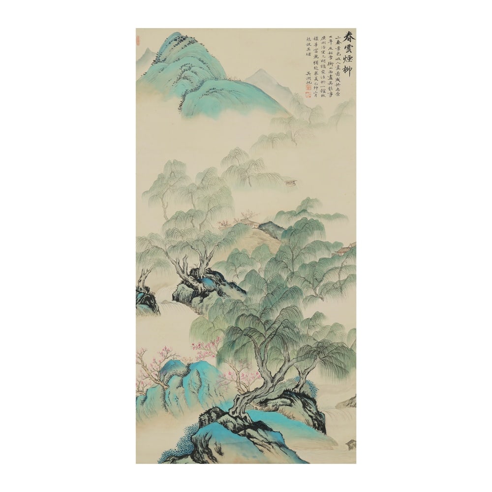 WU HUFAN (1894-1968), INK AND COLOR ON PAPER: Image Dimensions: 49 1/4 x 25 1/4 in (125 x 64 cm) Executed in ink and color on paper, Spring Clouds and Misty Willows evokes a lyrical spring landscape through softly articulated mountains, atmospher