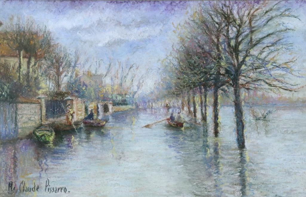 Hugues Claude Pissarro (French, b. 1935) Pastel on Paper: Hugues Claude Pissarro (French, b. 1935) “Les Inondations de l’Oise, au Quai du Pothuis” Pastel on paper Depicting a flooded riverside scene with figures in boats and partially subme
