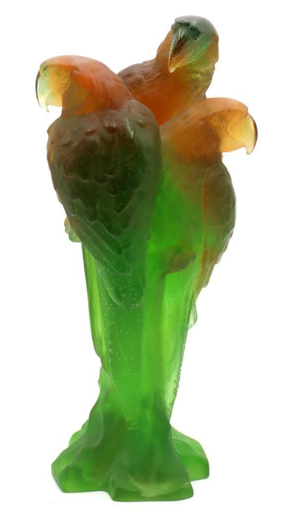 Rare Daum “Aras” Crystal Sculpture: Daum France (French, est. 1878) “Aras” (Macaws) Pte de verre crystal sculpture Designed by Jean-François Leroy Sculptural group depicting multiple macaws in richly colored pte de verr