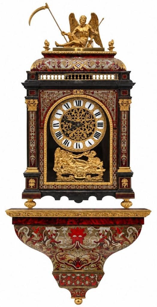 Important French, Louis XIV Boulle Marquetry Bracket Wall Clock: French, Louis XIV Period Boulle Marquetry Bracket Clock with Wall Bracket Circa 1700 Movement signed “Gaudron à Paris” Louis XIV bracket clock featuring elaborate Boulle marquetry wit