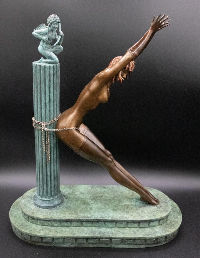 Erté “Prisoner of Love” Cold Painted Bronze Sculpture: Erté (Romain de Tirtoff) (French-Russian, 1892–1990) “Prisoner of Love” Bronze sculpture 1980 Art Deco-style figural bronze depicting an elongated female figure dramatically arc