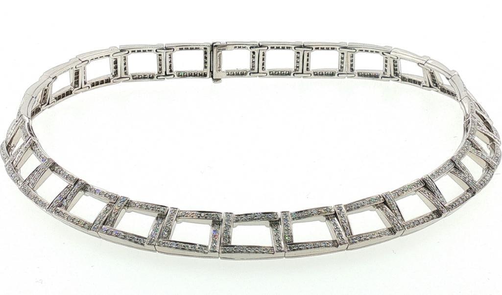 Tiffany & Co. Platinum & Diamond Ladies Collar Necklace: Tiffany & Co. (American, est. 1837) Platinum & Diamond Ladies Collar Necklace Tiffany & Co. platinum collar necklace featuring a continuous geometric arrangement of open rectangular links,