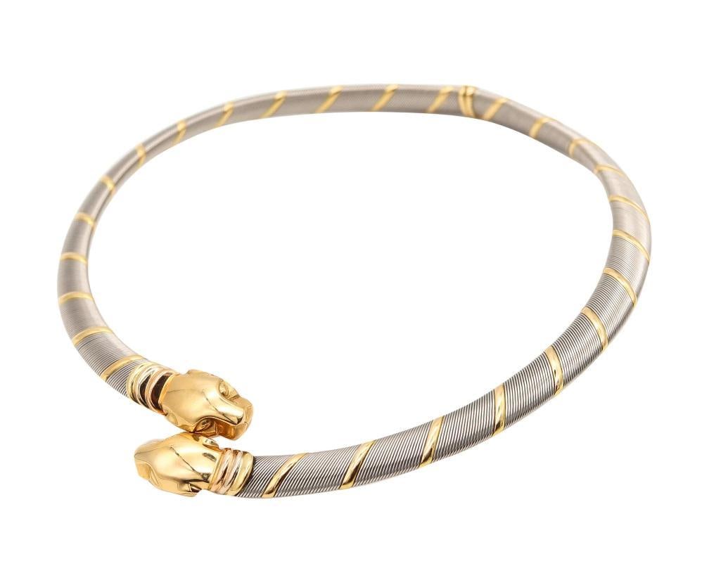 Cartier 18Kt & Steel "Panthère" Choker Necklace: Cartier (French, est. 1847) Panthère Choker Necklace 18K yellow gold and steel 1970 Rare modernist Panthère choker necklace featuring two stylized panther motifs crafted in polished 18K yell