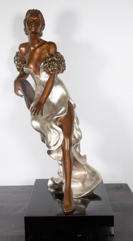 Alice Riordan “Evening” Bronze Sculpture: Alice Riordan “Evening” Polychrome cast bronze sculpture 1988 Figurative sculpture depicting an elegantly posed woman in a flowing evening gown, executed in polychrome cast bronze with con