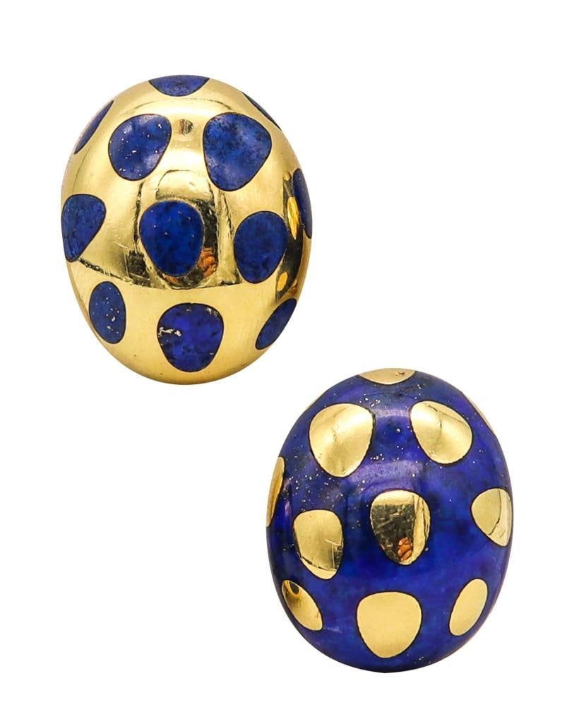 Angela Cummings for Tiffany & Co. Lapis Lazuli & 18K Yellow Gold Earrings: Angela Cummings for Tiffany & Co. (American) Lapis Lazuli and 18K Yellow Gold Earrings Circa 1977–1978 Pair of modernist earrings designed by Angela Cummings for Tiffany & Co., featuring