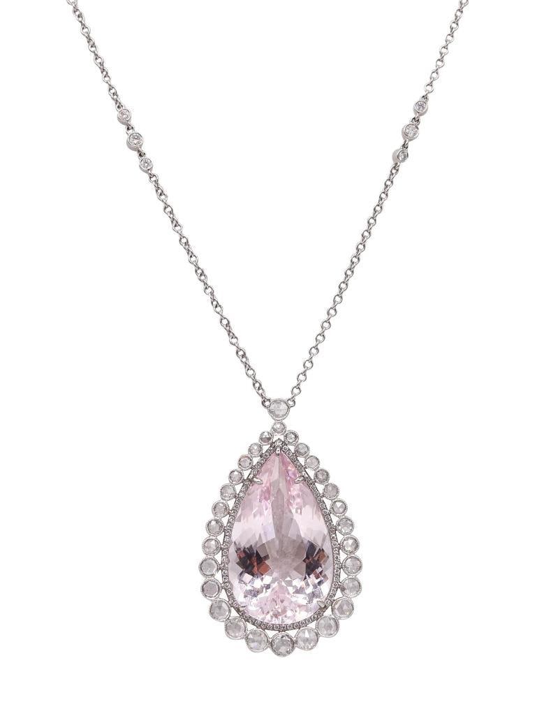 Tiffany & Co. Platinum Art Deco Revival Kunzite & Diamond Pendant Necklace: Tiffany & Co. (American, est. 1837) Art Deco Revival Kunzite and Diamond Pendant Necklace Platinum Circa 1990–2000 Statement pendant necklace from the Tiffany & Co. Archives Signature co