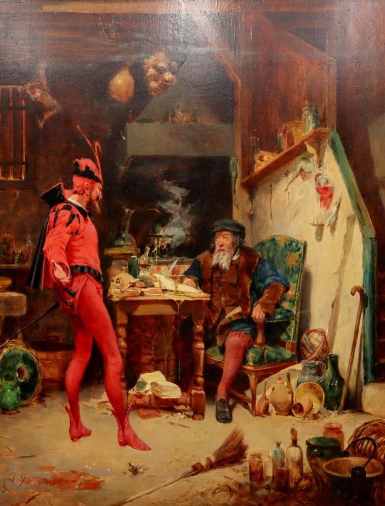 Alfred Louis Jacomin (French, 1842-1913) “Faust & Mephistopheles” Oil on Panel: Alfred Louis Jacomin (French, 1842–1913) “Faust & Mephistopheles” Oil on panel Circa 1869 Interior scene depicting two figures, one dressed in a vivid red costume standing before