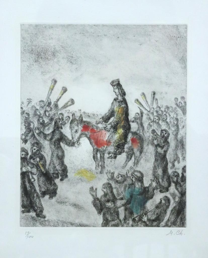 Marc Chagall (French/Russian, 1887–1985) “Solomon Proclaimed King of Israel”: Marc Chagall (French/Russian, 1887–1985) “Solomon Proclaimed King of Israel” Hand-colored etching Depicting the biblical King Solomon on horseback surrounded by a gathering of figure