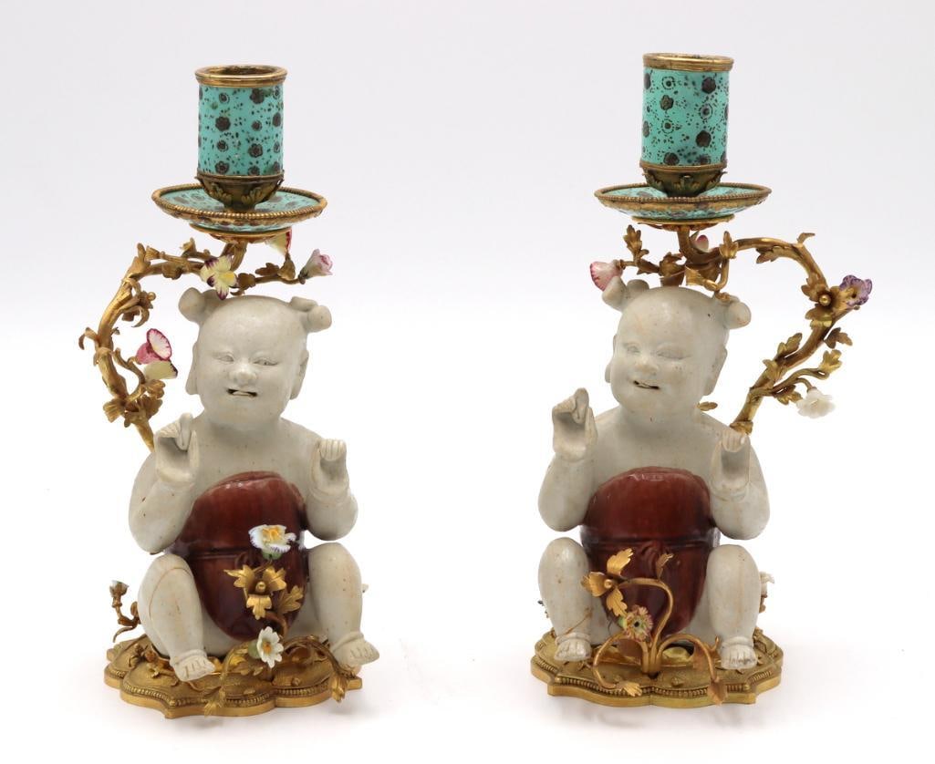 Pair of 18th C. Regency Ormolu and Chinese Porcelain Candlesticks (1 of 9)