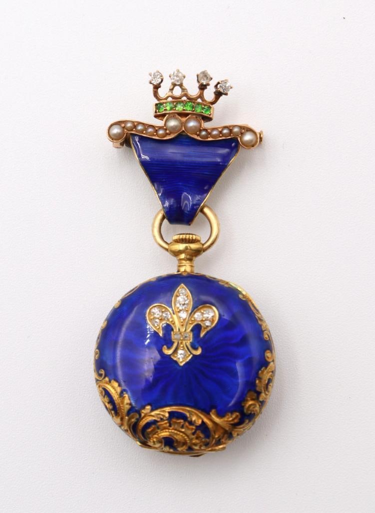 Early 20th C. 18Kt Guilloché Enamel, Diamond & Pearl Pocket Watch Brooch: Possibly French, Early 20th Century 18K Yellow Gold, Guilloché Enamel, Diamond & Pearl Ladies Pocket Watch Brooch Possibly French 18K yellow gold ladies pocket watch and brooch, decorated in 