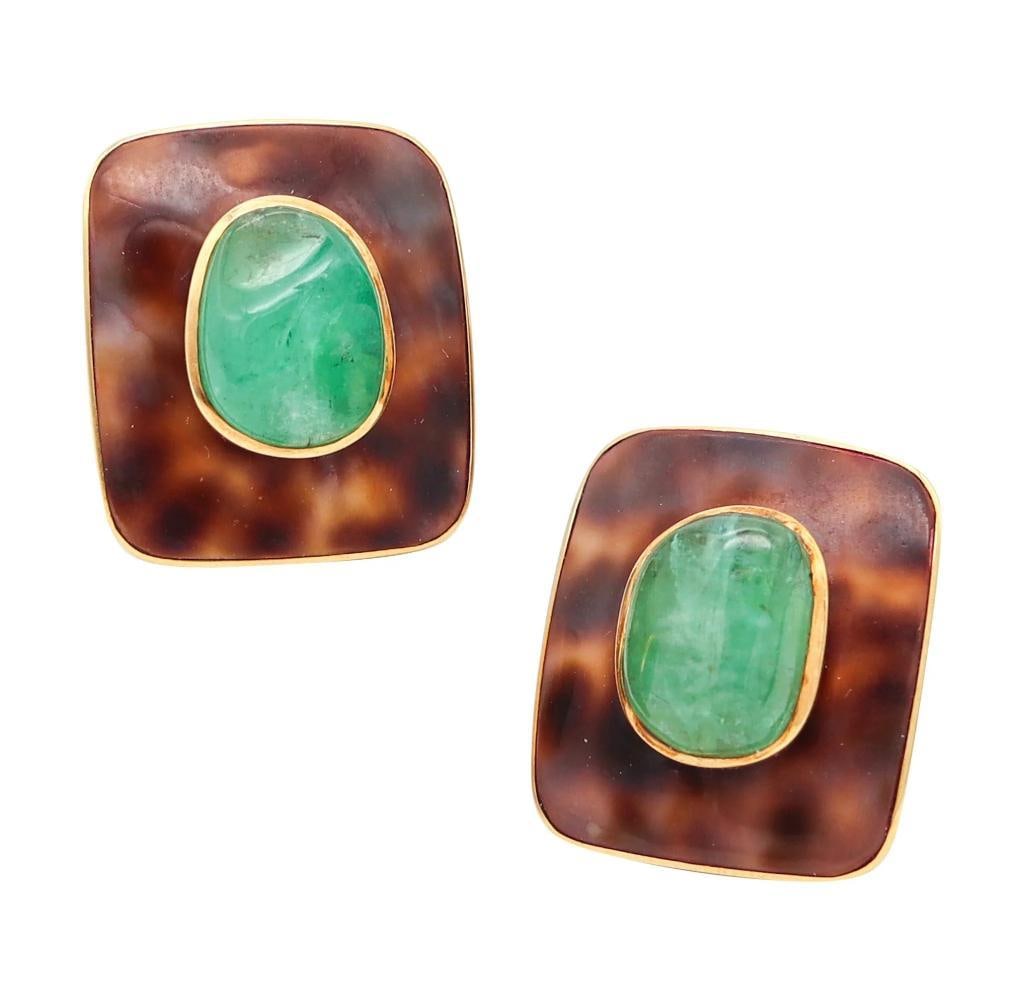 Seaman Schepps for Trianon Colombian Emerald & 18Kt Gold Clip-On Earrings: Seaman Schepps for Trianon (American) Colombian Emerald and 18K Yellow Gold Clip-On Earrings Circa 1980s Pair of rectangular-form clip-on earrings, each centered by an irregular carved cabochon natura