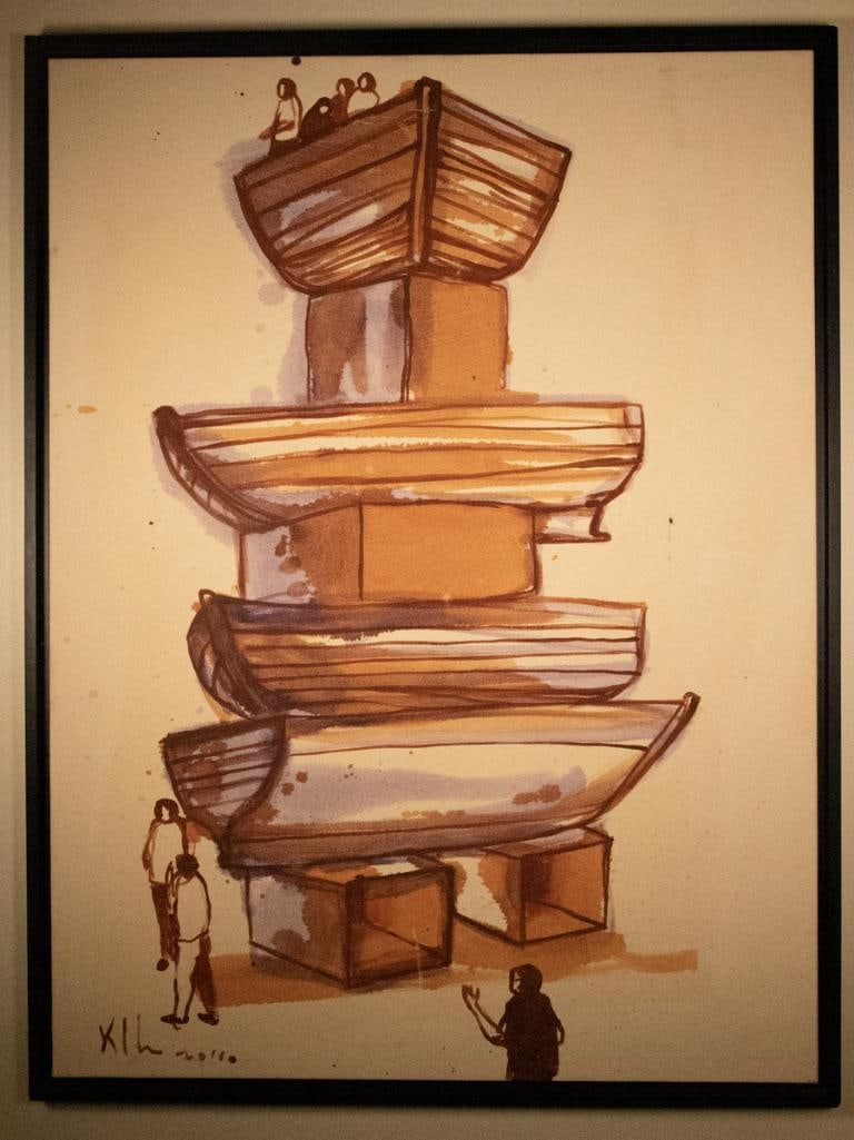 Alexis Leyva Machado (Cuban, b. 1970) Oil Painting on Canvas: Kcho (Alexis Leyva Machado) (Cuban, b. 1970) Untitled Oil on canvas 2018 Large-scale composition depicting a vertical arrangement of stacked boats and vessels accompanied by small human figures. Execu