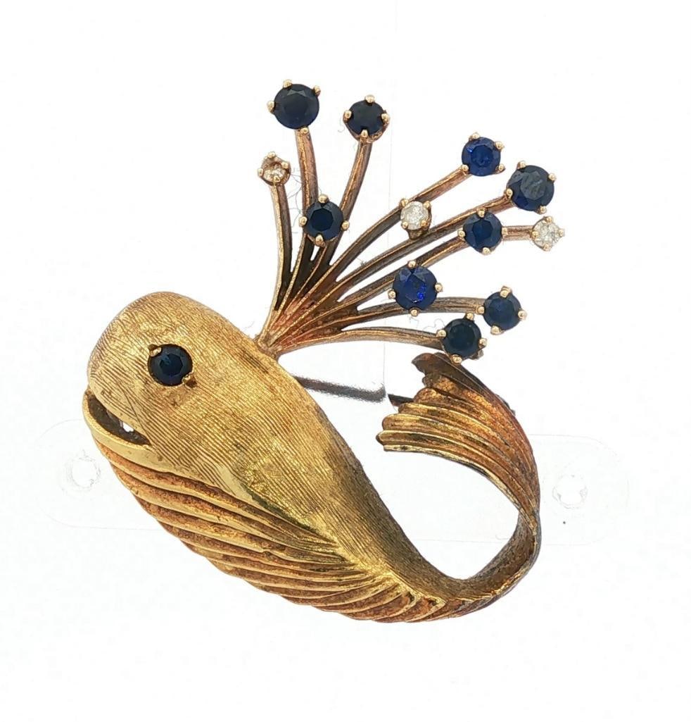 Rare Erwin Pearl 18Kt Sapphire & Diamond Whale Brooch (1 of 5)
