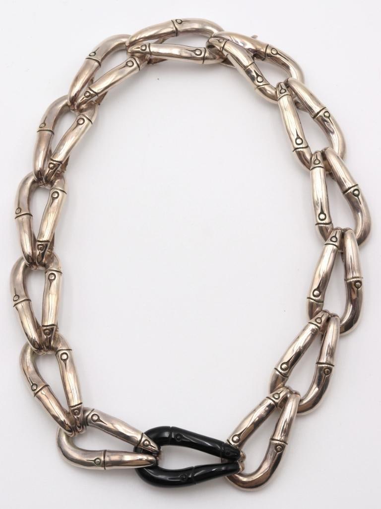 John Hardy Sterling Silver & Black Enamel Bamboo Link Necklace: John Hardy (American, est. 1975) Sterling Silver & Black Enamel Bamboo Link Necklace John Hardy sterling silver Bamboo link necklace featuring a black enamel link accent. Retail - $2,500. Weight