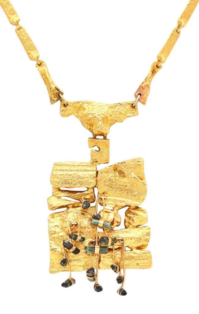 Björn Weckström “Kukkiva Muuri” 18Kt & Green Tourmaline Necklace: Björn Weckström (Finnish, b. 1935) “Kukkiva Muuri” (Flowering Wall) 18K yellow gold and green tourmaline necklace 1967 Rare sculptural necklace composed of multiple textured 18K 