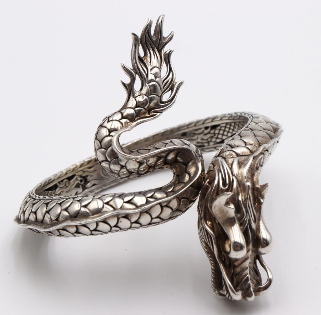 John Hardy “Naga” 18Kt & Sterling Silver Dragon Bracelet: John Hardy (American, est. 1975) “Naga” 18K Gold & Sterling Silver Dragon Hinged Coil Bracelet John Hardy “Naga” 18K gold and sterling silver hinged coil bracelet featuring