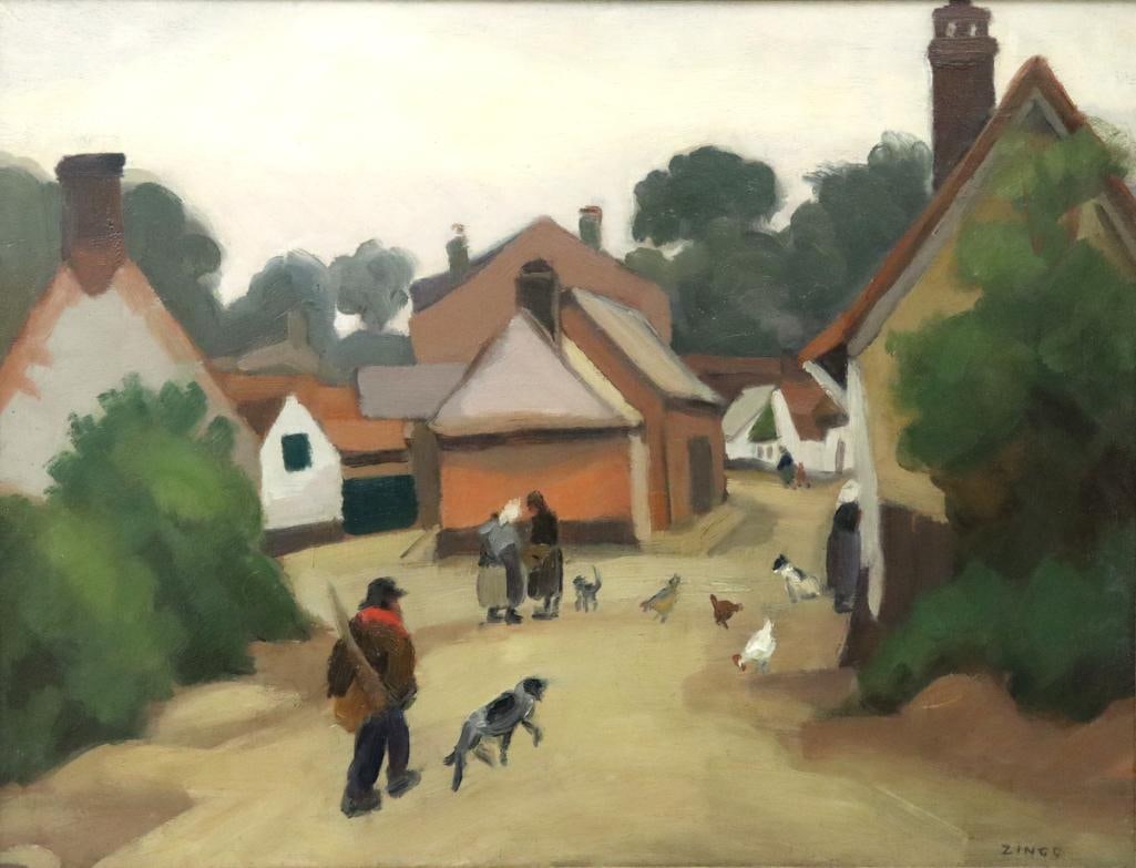 Jules-Émile Zingg (French, 1882-1942) “Le Retour de la Chasse” Oil on Panel: Jules-Émile Zingg (French, 1882–1942) “Le Retour de la Chasse” Oil on Panel Depicting a rural village scene with figures returning from a hunt accompanied by dogs and poultry. S