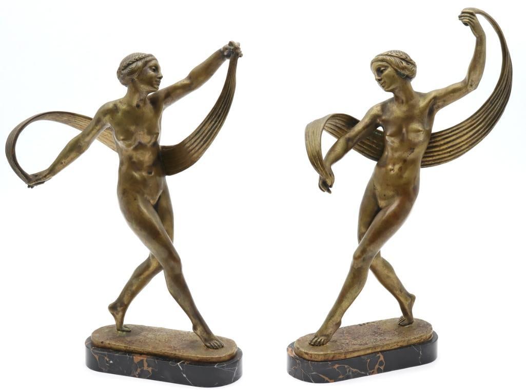 Possibly Maximilien Luce (French, 1858–1941) Art Deco Bronze Sculptures: Possibly Maximilien Luce (French, 1858–1941) Art Deco Dancing Nudes Bronze sculptures on Portoro marble bases Pair of Art Deco patinated bronze sculptures depicting nude female figures in gracef