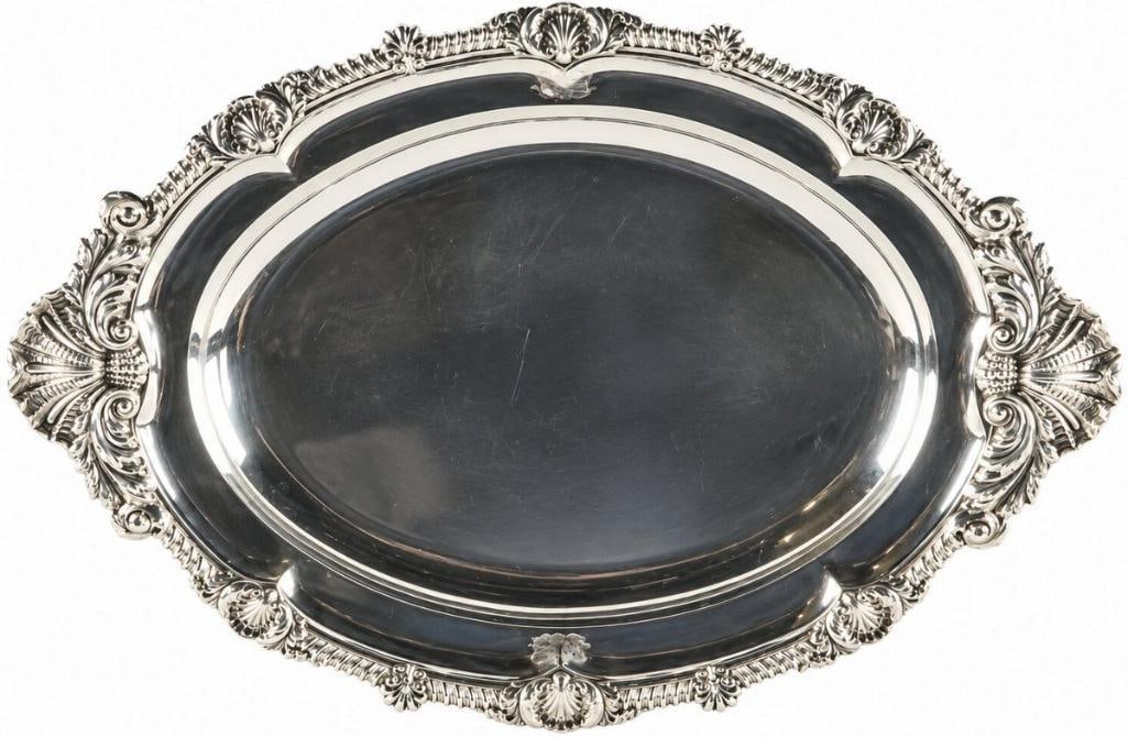 Paul Storr, 1817 English Stering Silver Serving Tray: Paul Storr (British, 1771–1844) Regency Sterling Silver Serving Tray London 1817 Substantial oval sterling silver serving tray fitted with elaborately chased shell-form handles and engraved with