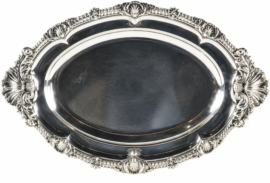 Paul Storr, 1817 English Stering Silver Serving Tray: Paul Storr (British, 1771–1844) Regency Sterling Silver Serving Tray London 1817 Substantial oval sterling silver serving tray fitted with elaborately chased shell-form handles and engraved with fam