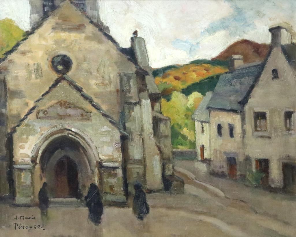 J. Mario Pérouse (French, 1880-1958) “Le Chevet” Oil on Board: J. Mario Pérouse (French, 1880–1958) “Le Chevet” Oil painting on board Depicting a village church and surrounding buildings with figures in the foreground and an autumnal landsc