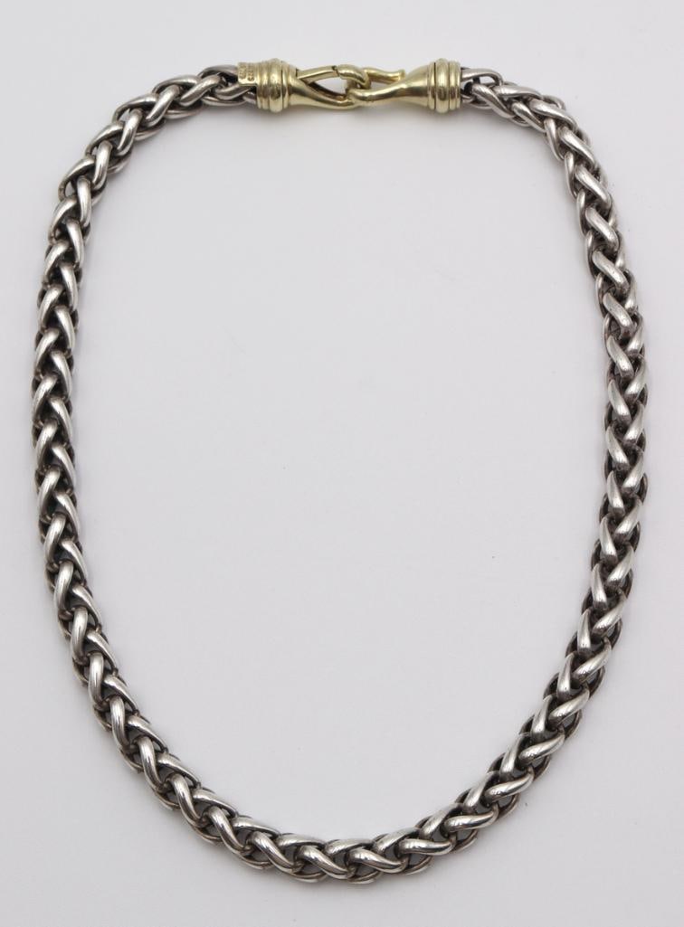 David Yurman 14Kt & Sterling Silver Wheat Chain: David Yurman (American) 14K Gold & Sterling Silver Wheat Chain Necklace David Yurman sterling silver Wheat chain necklace featuring a 14K gold clasp with signature cable detailing. Weight - 103.2 